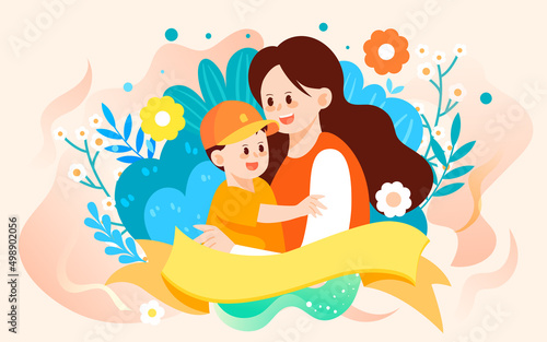 Mother's day mother hugs her little child among flowers with various plants and flowers in the background, vector illustration
