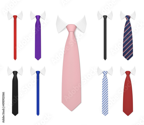 Collection realistic trendy men s ties with white shirt collar vector elegance formal male apparel