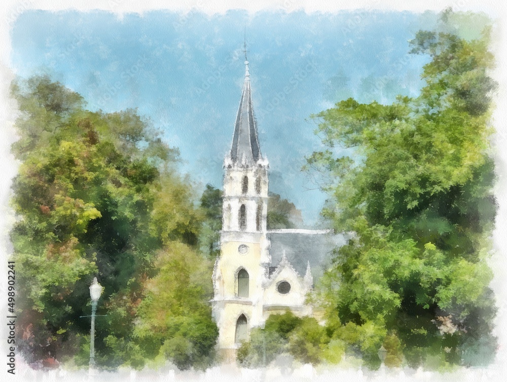 landscape of ancient christ church yellow gothic architecture watercolor style illustration impressionist painting. landscape of ancient christ church yellow gothic architecture watercolor style illustration impressionist painting.