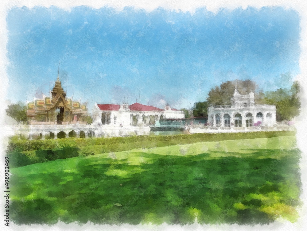 The landscape of Bang Pa In Palace Thailand watercolor style illustration impressionist painting.