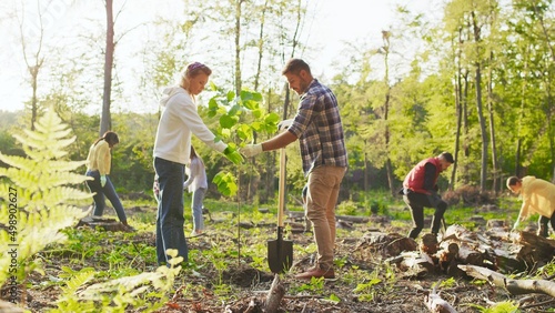 Caucasian man and woman environmental volunteers planting trees together and with multicultural people at the background. Reforestation concept photo