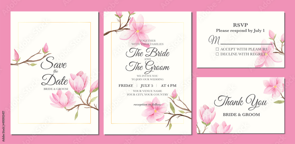 Hand painted of magnolia flower watercolor as wedding invitation.