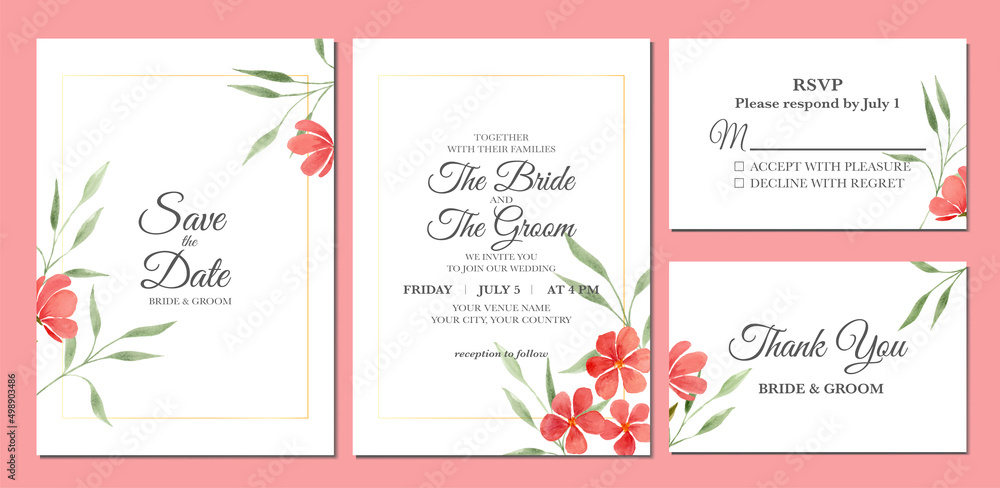 Hand painted of floral watercolor as wedding invitation template.