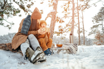 Young woman with a son in winter forest on a picnic drink hot tea