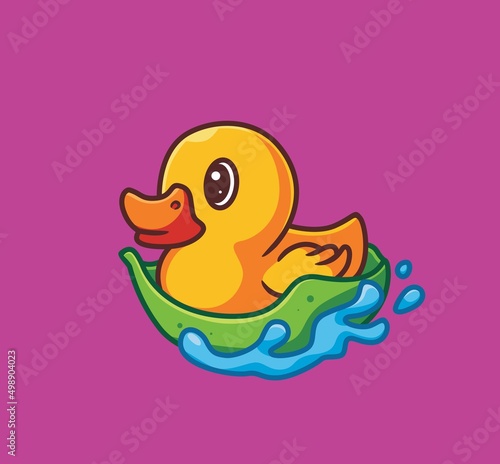 cute yellow duck using a leaf as boat to swim. isolated cartoon animal nature illustration. Flat Style Sticker Icon Design Premium Logo vector. Mascot Character