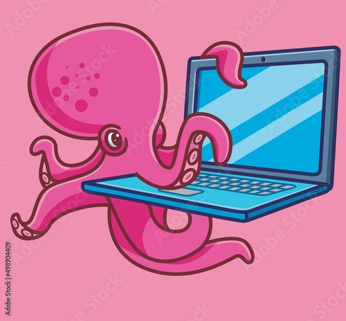 cute octopus employee working hacker. isolated cartoon animal nature illustration. Flat Style Sticker Icon Design Premium Logo vector. Mascot Character