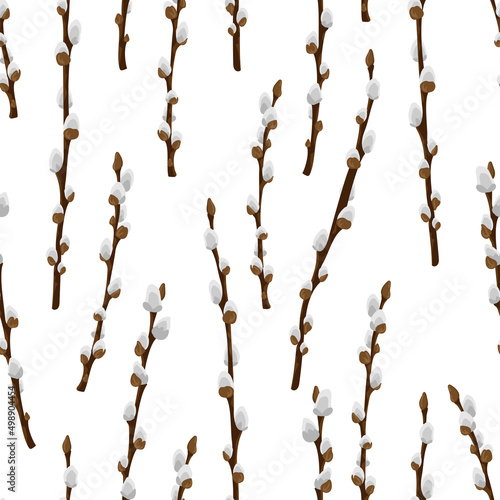 Easter spring twigs blossom pussy willow tree seamless pattern. Vector spring holiday texture in cartoon flat style. Fluffy willow branches background.