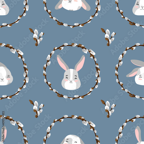 Easter pussy willow wreath and bunny seamless pattern. Spring branches vignette with rabbits, hares holiday texture. Happy Easter background. Fluffy willow vector design for textile, wallpaper, print