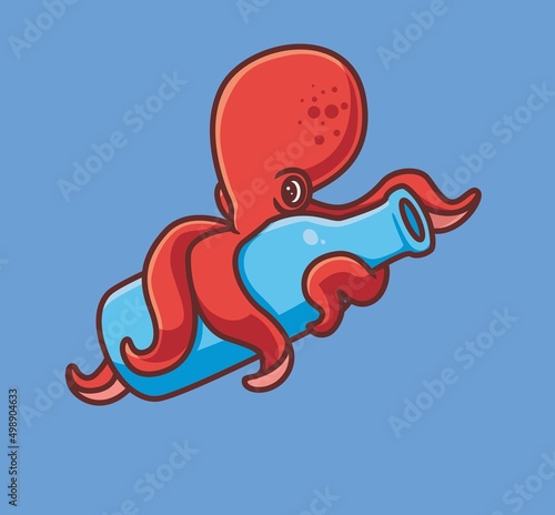 cute red octopus hugging a bottle. isolated cartoon animal nature illustration. Flat Style Sticker Icon Design Premium Logo vector. Mascot Character