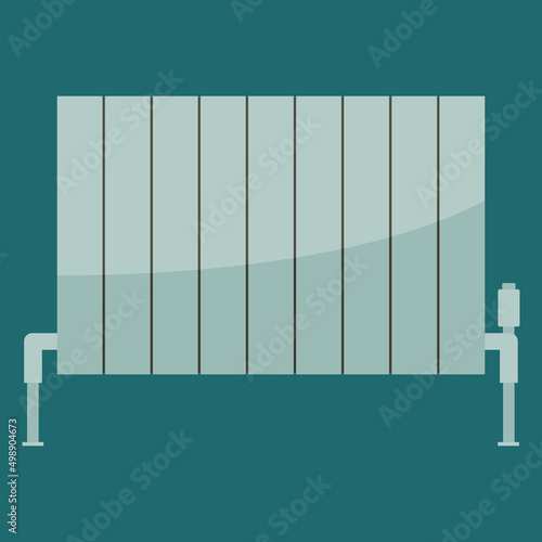 Heating radiator. Metal radiator for heating systems. Modern design style. Realistic blue steel panel heating radiator on blue background. Illustration device.