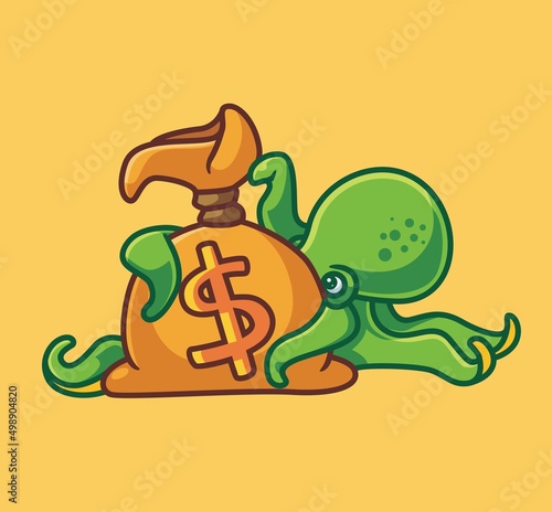 cute octopus bring money sack. isolated cartoon animal illustration. Flat Style Sticker Icon Design Premium Logo vector. Mascot Character