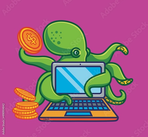 cute octopus hacker carding to get the money. isolated cartoon animal illustration. Flat Style Sticker Icon Design Premium Logo vector. Mascot Character