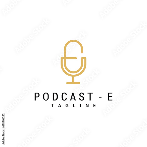 Microphone mic podcast music radio with initial letter e logo
