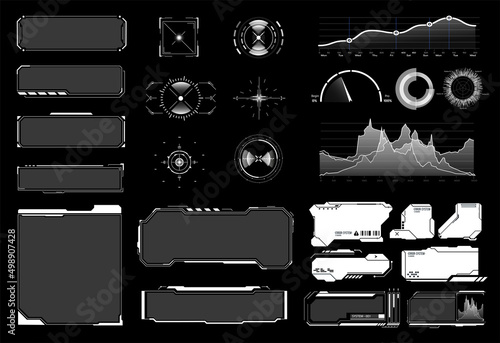 A set of sci-fi modern user interface elements such as sight, frame, button, diagrams, graphs. Futuristic abstract HUD. Dashboard display virtual reality technology screen. Vector illustration