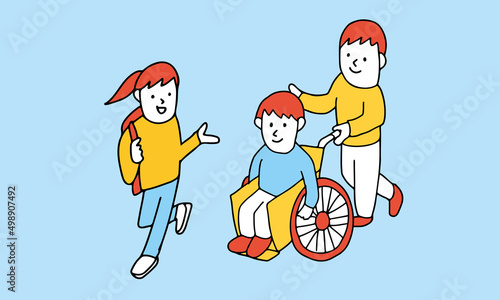 車いすの男性とその家族のイラスト