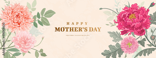 Mother's day poster or banner with hand drawn flowers on light background. Vector illustration