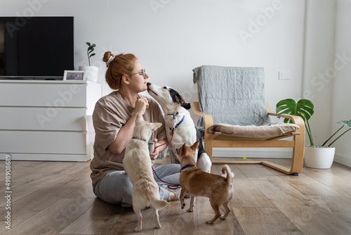 Canvas Print Woman plays with dogs and gives them dog biscuit