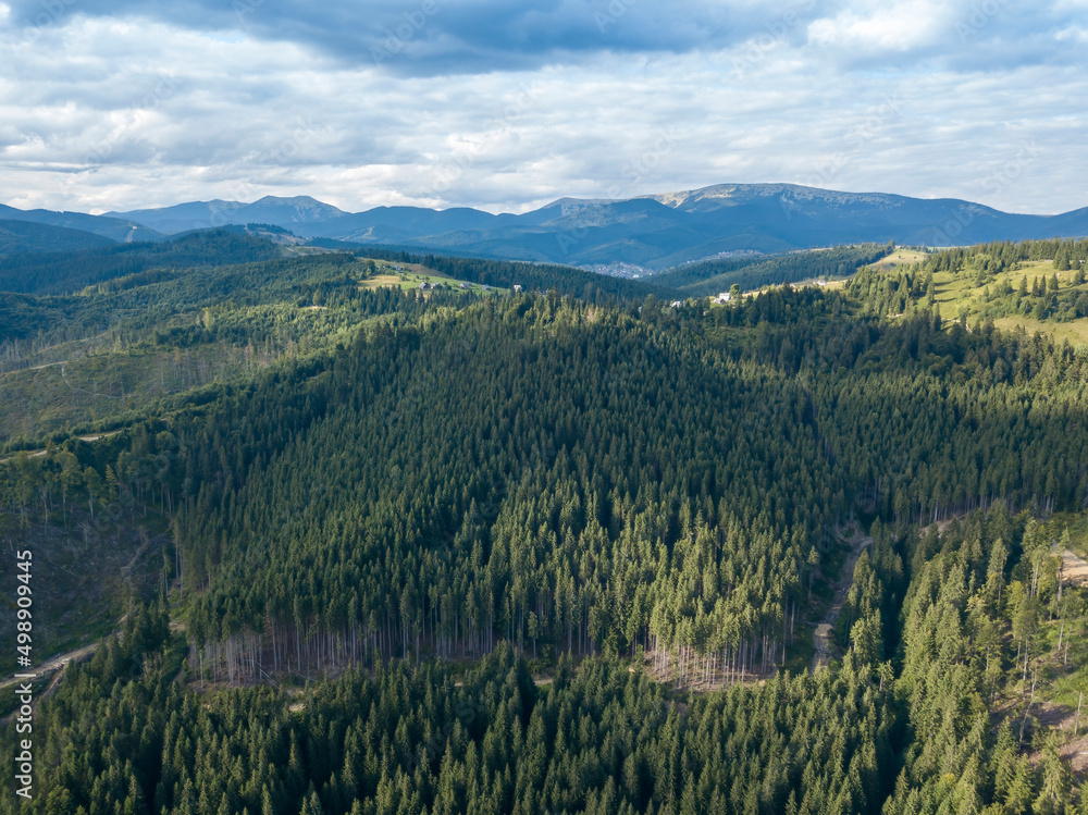 Green mountains of Ukrainian Carpathians in summer. Coniferous trees on the slopes. Aerial drone view. Green mountains of Ukrainian Carpathians in summer. Coniferous trees on the slopes. Aerial drone view.