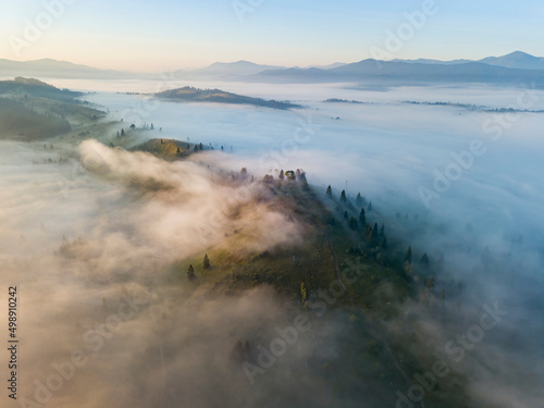 Morning mist in Ukrainian Carpathian mountains. Aerial drone view. © Sergey