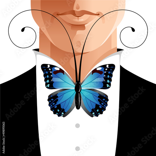 Vector gentleman in tuxedo and elegant butterfly tie. Fashion concept with black man suit, tie bow, jacket. Hipster style illustration for wedding design, music orchestra conductor. Fashion male face