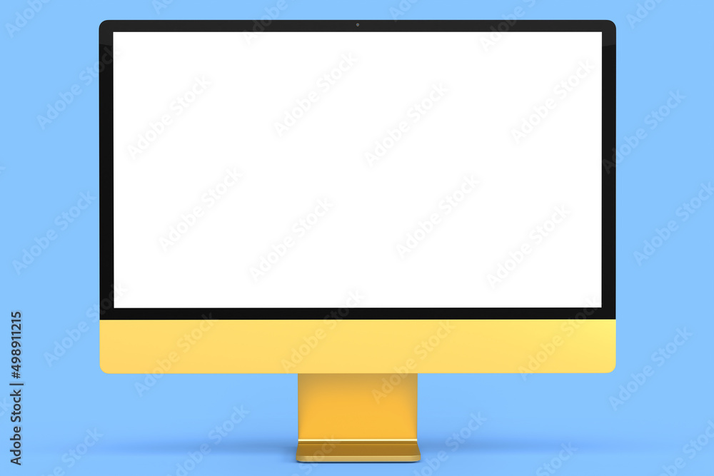 Realistic gold computer screen display with keyboard and mouse isolated on blue Realistic gold computer screen display with keyboard and mouse isolated on blue