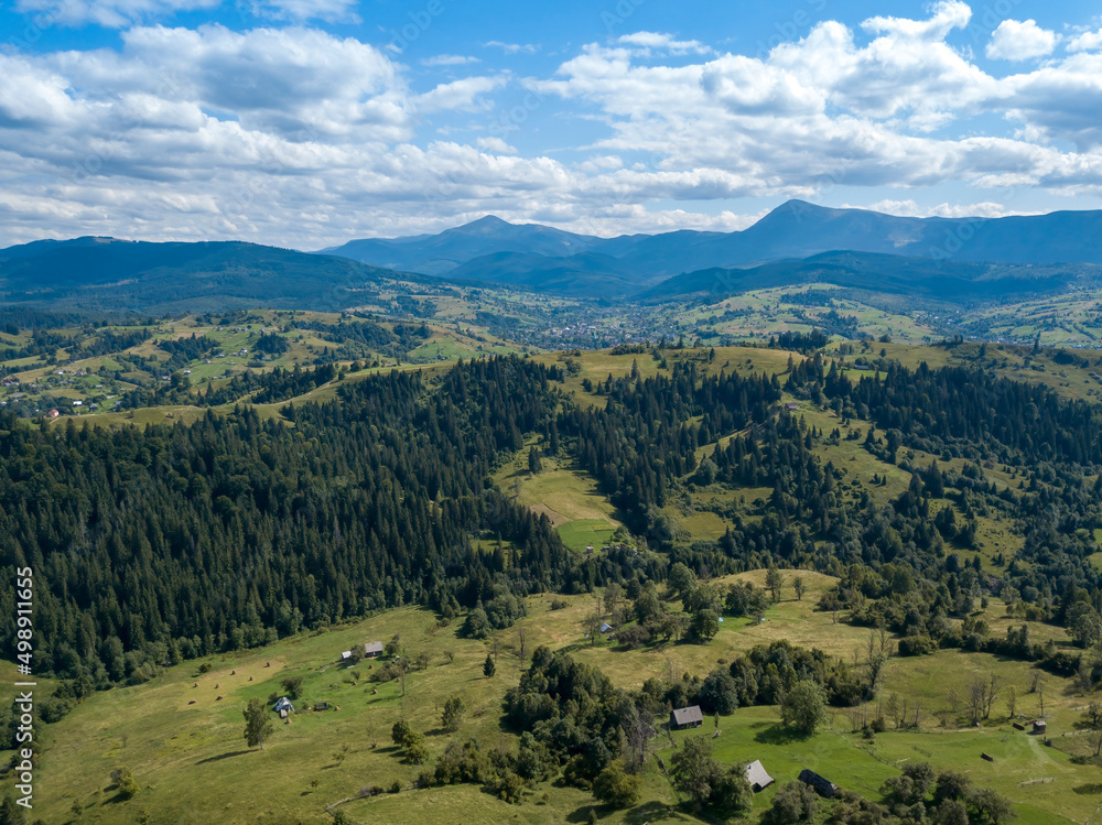 Naklejka premium Green mountains of Ukrainian Carpathians in summer. Coniferous trees on the slopes. Aerial drone view.