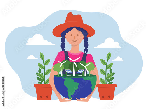  Young  lady embracing the planet Earth  World Earth Day ESG or ecology problem concept of conservation, protection and reasonable consumption of natural