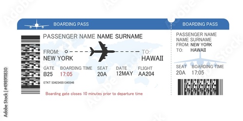 A plane ticket. Airline boarding pass template. Modern design of the flight card form with the image of an airplane. The concept of an air flight or a trip. Vector illustration.