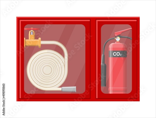 Flat illustration fire shield, fire cabinet, fire extinguisher, fire alarm.