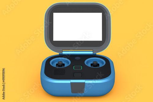 Flying photo and video drone remote with action camera isolated on orange