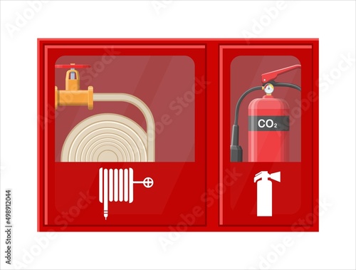 Flat illustration fire shield, fire cabinet, fire extinguisher, fire alarm.