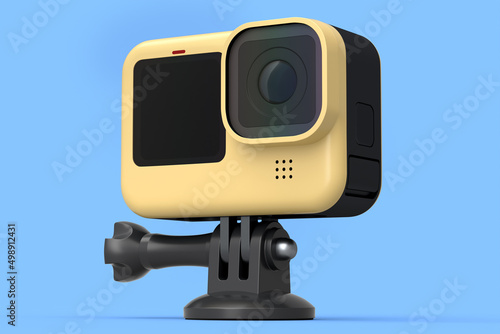 Photo and video lightweight yellow action camera with display on blue