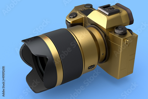 Concept of nonexistent gold DSLR camera with macro lens isolated on blue photo