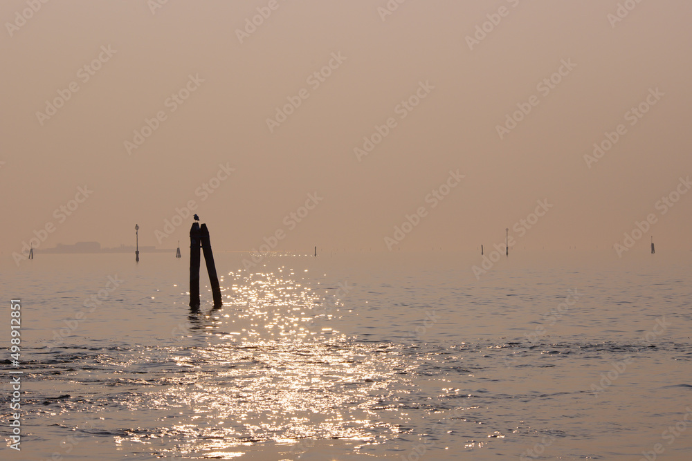 Poles and soft water on Venice lagoon. Long exposure photography.