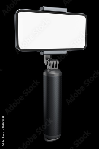 Realistic smartphone with blank white screen and selfie stick isolated on black