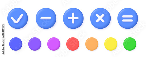 3d plus, minus, multiply, equal, check mark vector icons on white background.