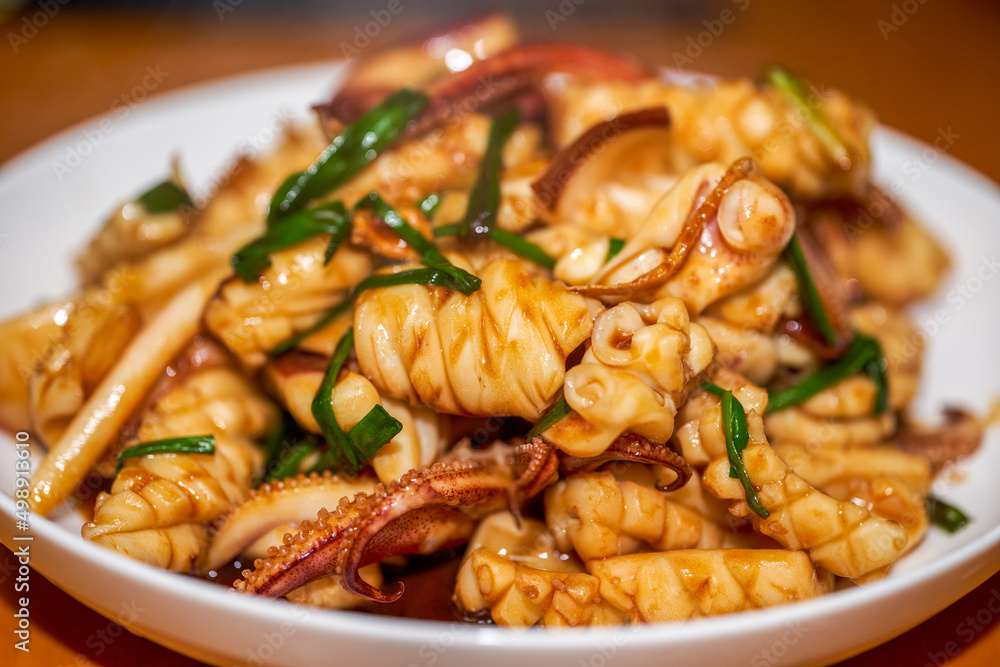 A delicious Chinese home-style dish, fried squid in sauce