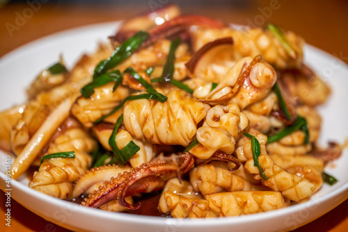 A delicious Chinese home-style dish, fried squid in sauce