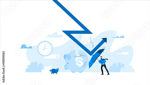 Man with umbrella reflects lightning strike. Abstract protection. Animation ready duik friendly vector. Conceptual business story. Financial crisis, economic recession, bankruptcy, depression.