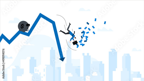 Man falling from arrow chart. He loses money from suitcase. Animation ready duik friendly vector. Conceptual business story. Financial crisis, economic recession, bankruptcy, depression.