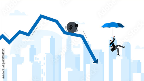 Man uses umbrella as parachute. Softens the fall, insurance concept. Animation ready duik friendly vector. Conceptual business story. Financial crisis, economic recession, bankruptcy, depression.