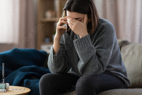 Fototapete mental health, psychological help and depression concept - stressed woman with s