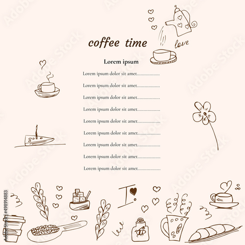 hand drawn menu of hot coffee or tea drinks with dessert or food. Vector flyer or banner in a cafe or restaurant with doodle style prices