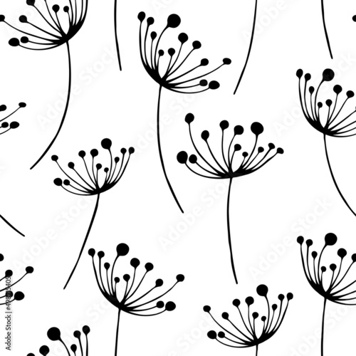 Hand drawn black flying seeds of dandelion in cute doodle style seamless pattern. Vector illustration for fabric, textile, paper, card design or baby clothings.