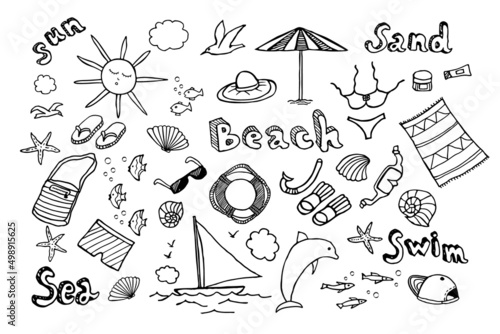 A set of black and white hand drawings of beach accessories.