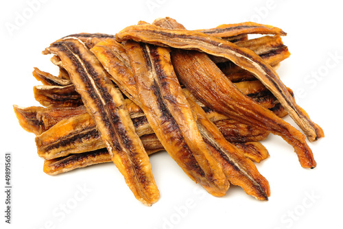 Dried bananas on white background