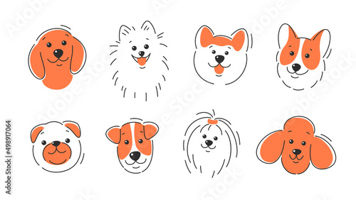 Set of dog faces of different breeds. Corgi, Akita, spitz , Dachshund, Poodle, Terrier, Pug. Vector illustration on white background