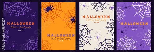 Set of flyer template for Halloween Party. Trick or treat party invitations or greeting cards with handwritten calligraphy and spiders and spider webs.Trendy vector illustration