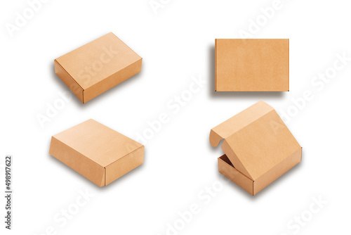 Brown mailer packaging box mockup isolated on white background. Top, front and side view, open and close, set of Kraft cardboard boxes. 3d rendering. photo