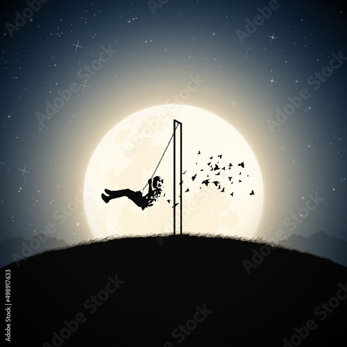Boy on swing silhouette. Dying child. Death and afterlife. Full moon